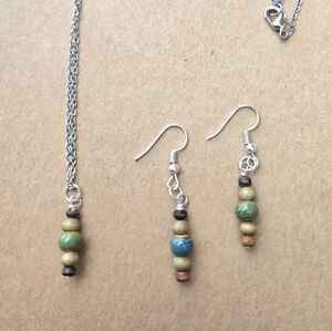 Silver and Brown Beaded Necklace and Earring Set